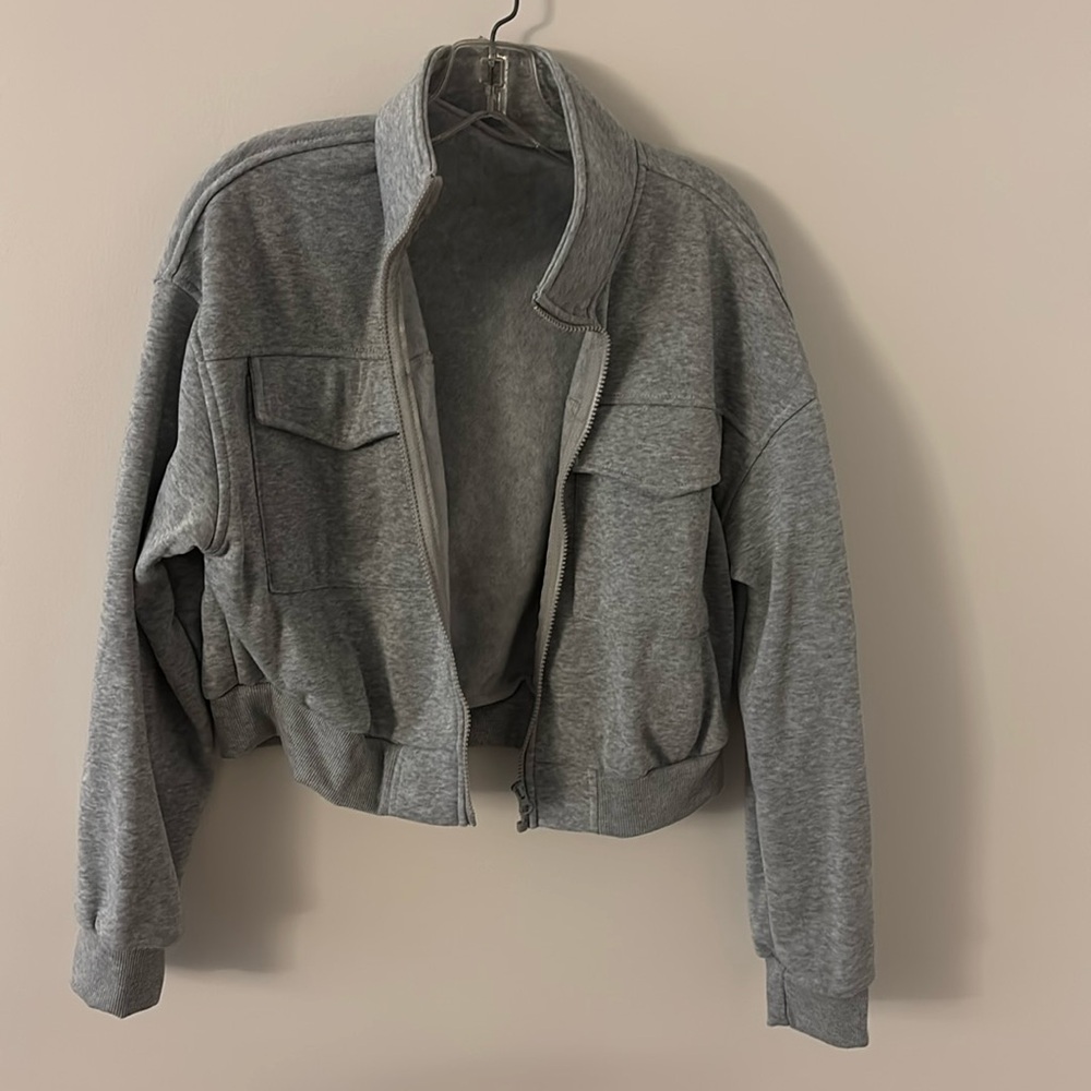 Grey bomber sweatshirt jacket